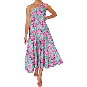 Zesica Bohemian Floral One Shoulder Smocked Tiered Ruffle Midi Dress Size XL